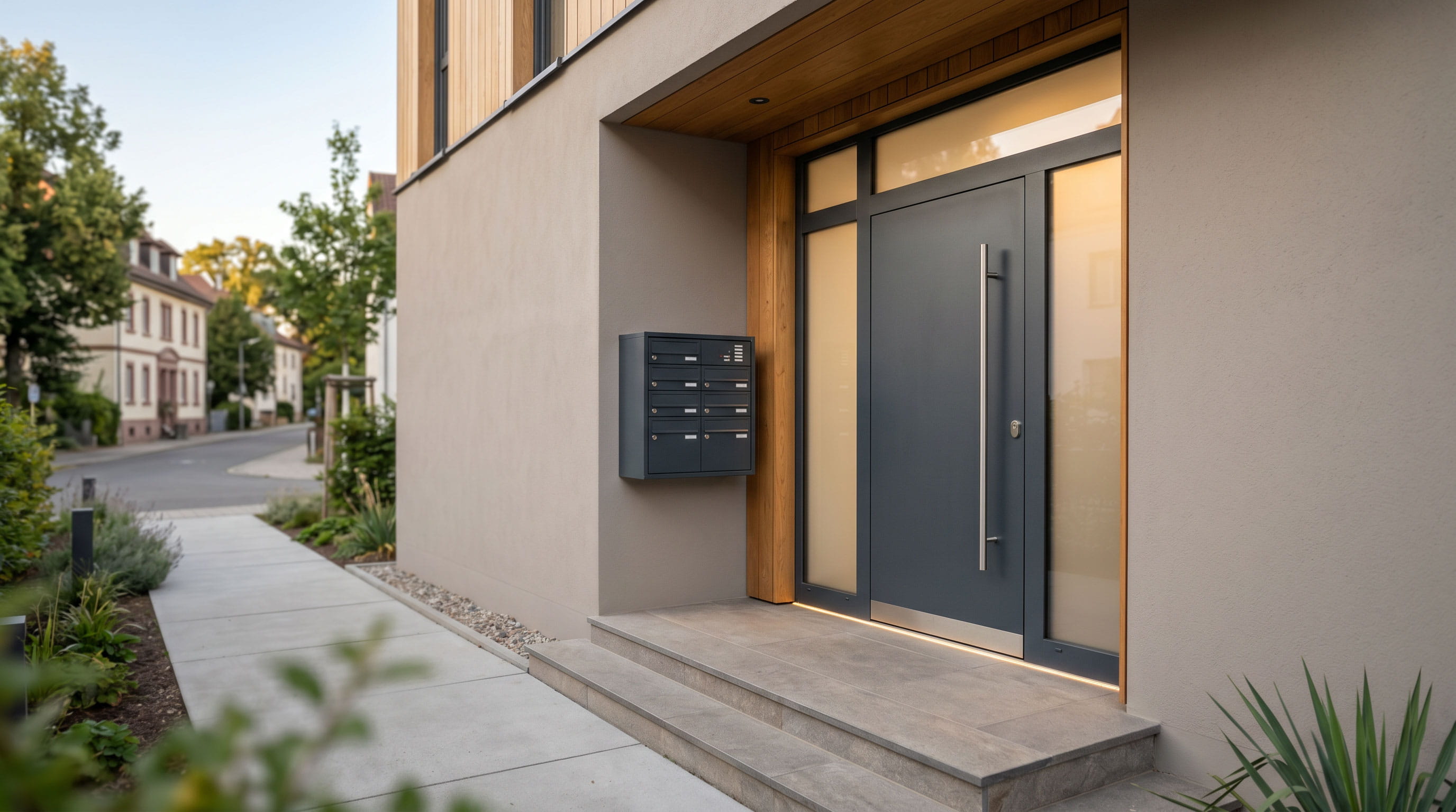 Hochwertige Aluminium-Haustür an einem modernen Wohngebäude