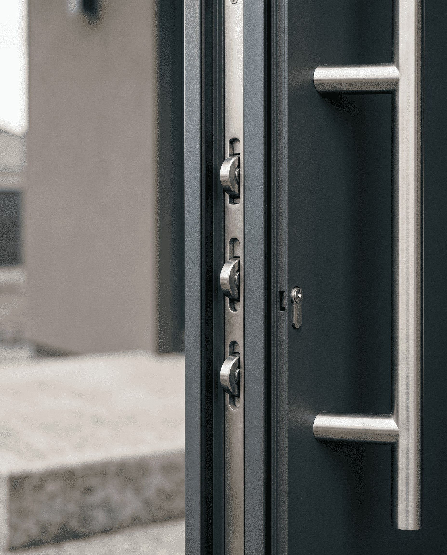 Aluminium-Haustür im Detail — präzise Verriegelungstechnik