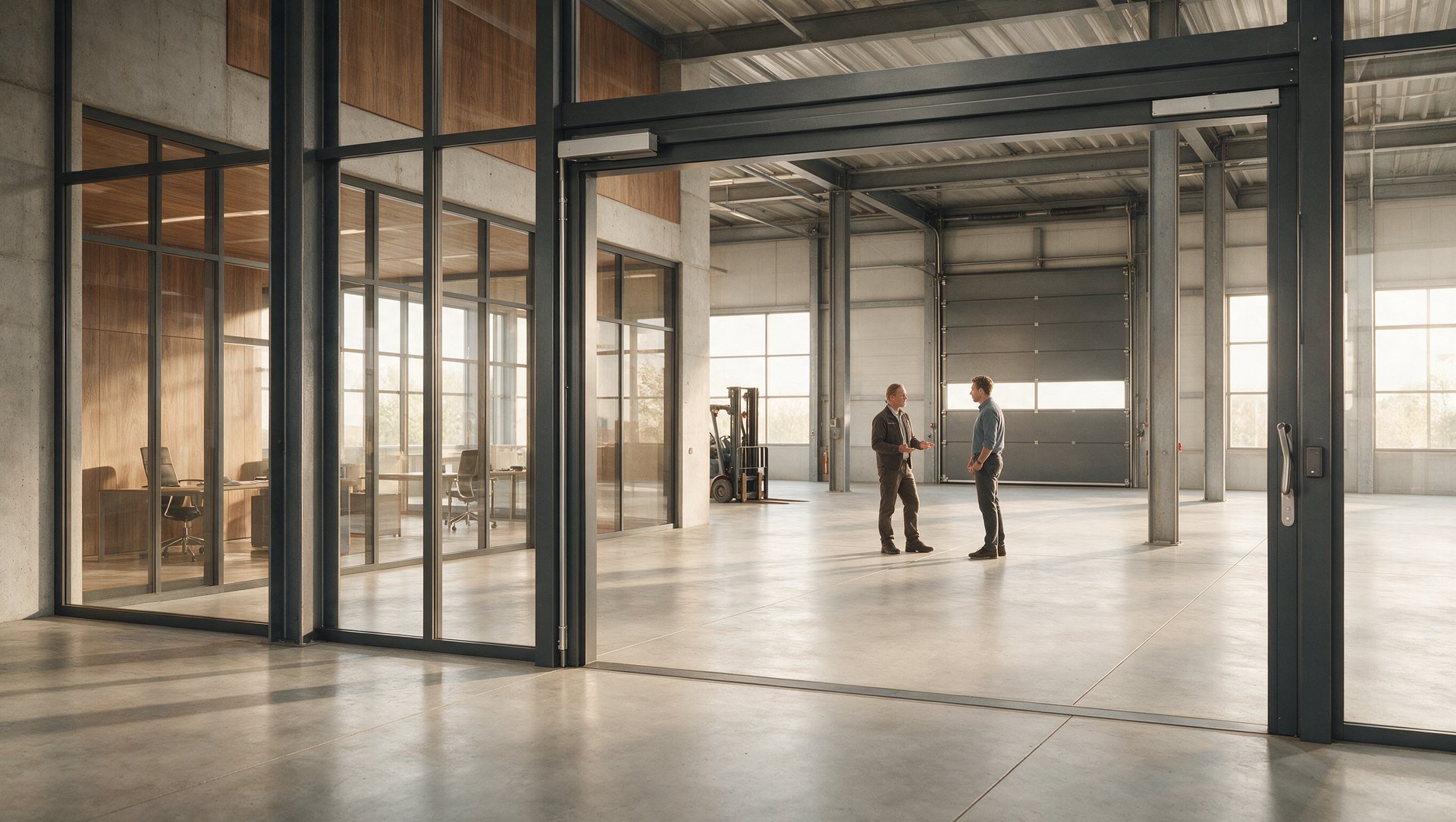 Industriehalle mit Glastrennwand – Türsysteme im Objektbau