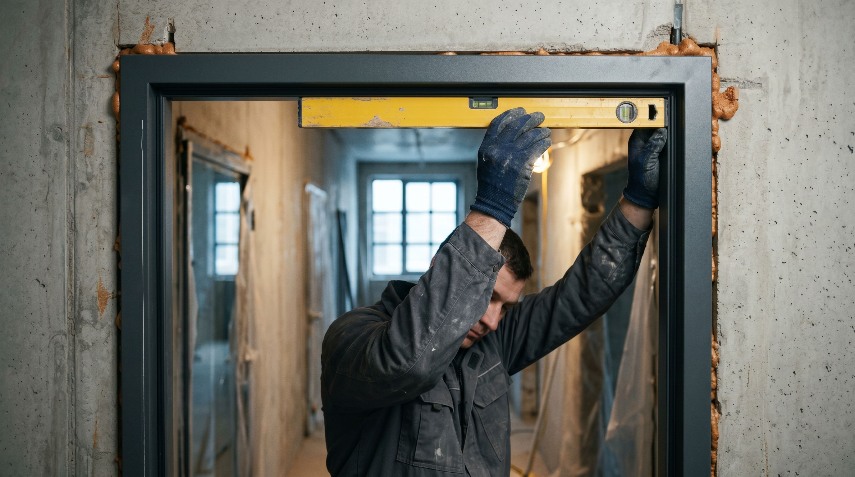 Koldere Bauleiter beim Aufmaß für Stahltüren-Projekt — Türmontage Deutschland