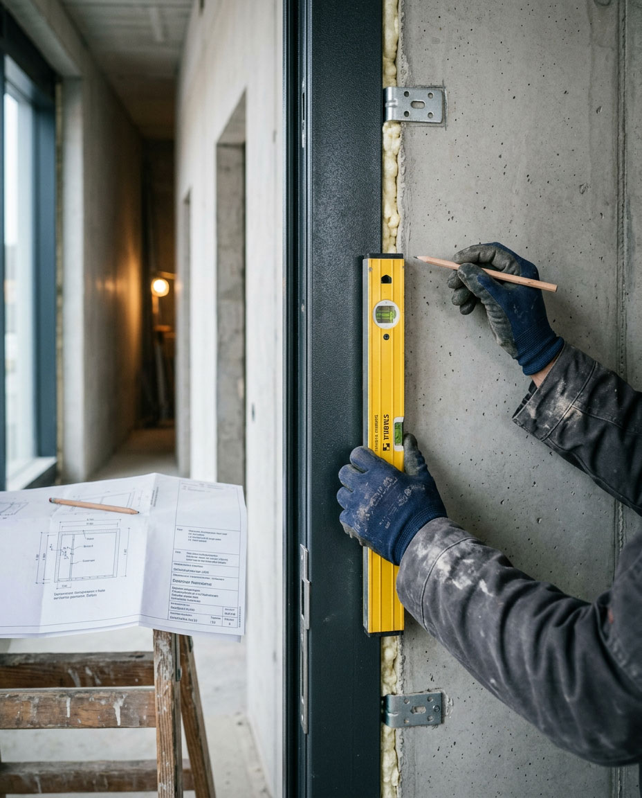 Stahlzarge wird auf der Baustelle in die Wandöffnung eingesetzt